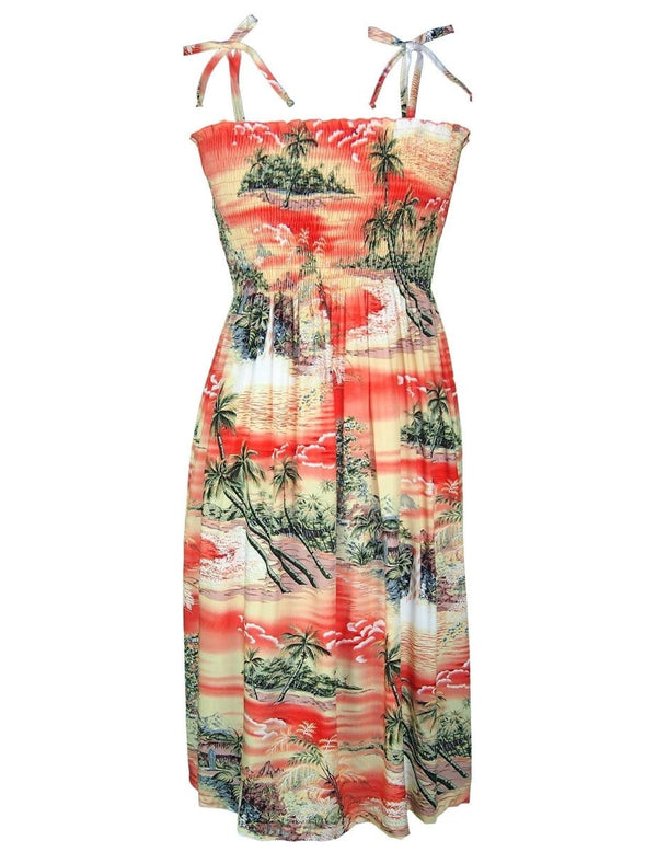 Hana Hou Knee Length Smocked Rayon Dress Orange