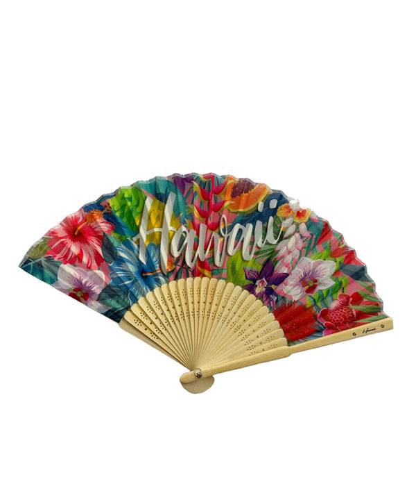 Hawaii Flowers Hand Fan Bamboo and Fabric