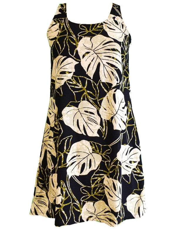 Hawaiian Dress A-Line Back Cutout Tropical Monstera Beige