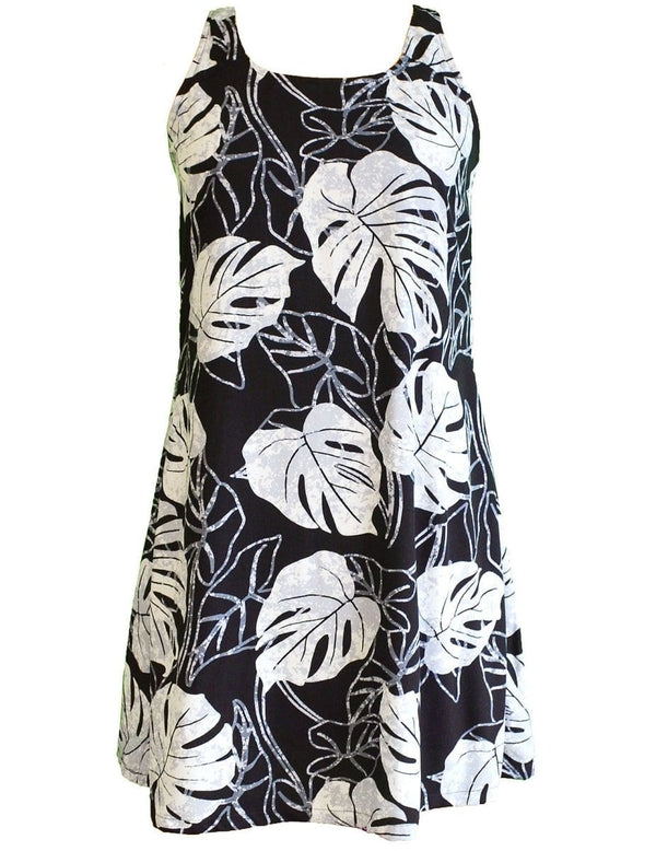 Hawaiian Dress A-Line Back Cutout Tropical Monstera Silver