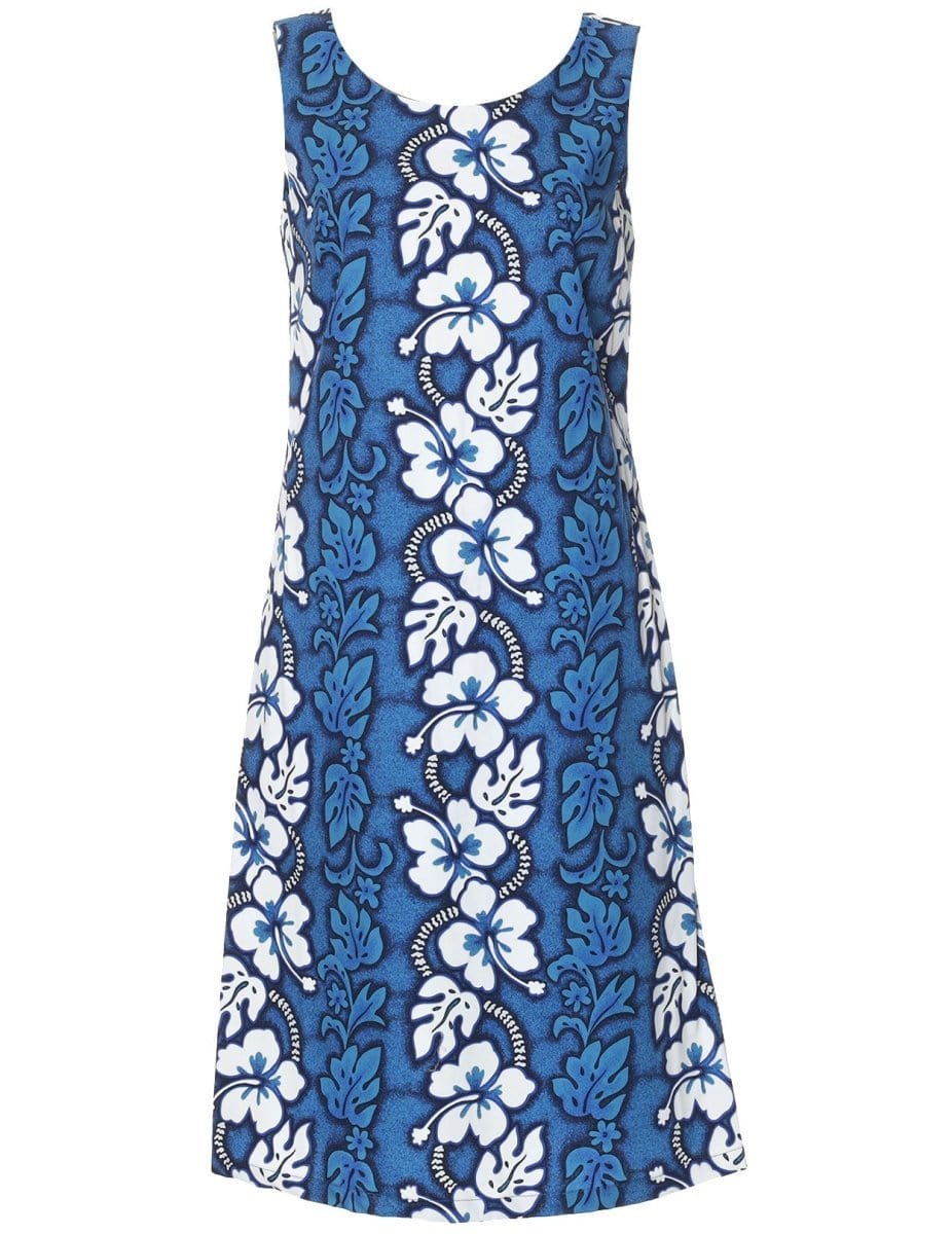 Hawaiian Dress Hibiscus Leis Bias Knee Length Blue / S Hawaiian Dress Hibiscus Leis Bias Knee Length Blue / S