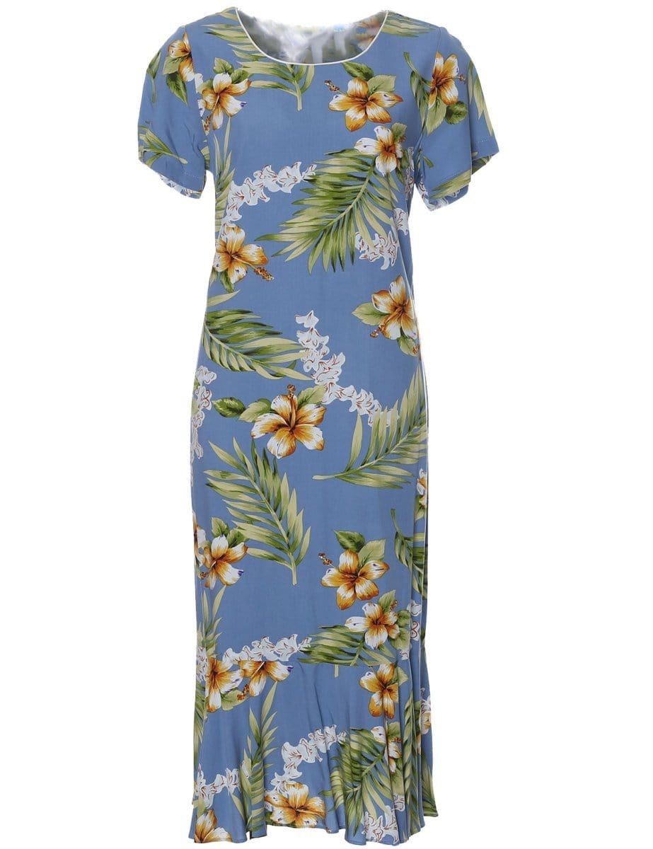 Hawaiian Dress Midi with Sleeves Island Tuberose Ocean Blue / L Hawaiian Dress Midi with Sleeves Island Tuberose Ocean Blue / L