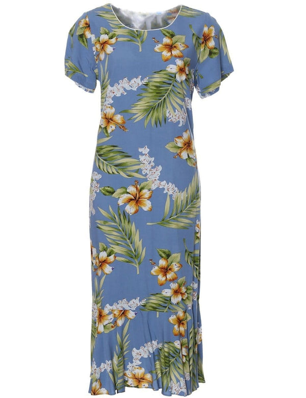 Hawaiian Dress Midi with Sleeves Island Tuberose Ocean Blue