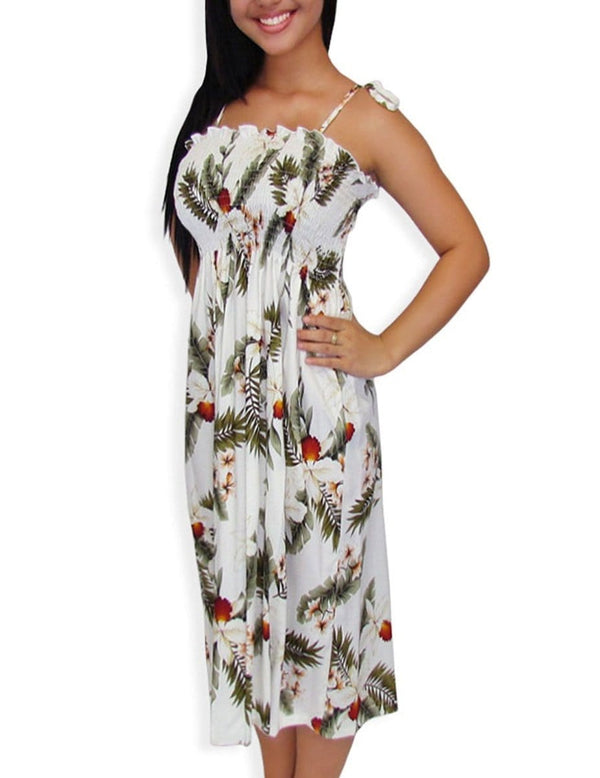 Hawaiian Dress Smock Top Hanapepe Orchids White Fits XS to XL (2-16)