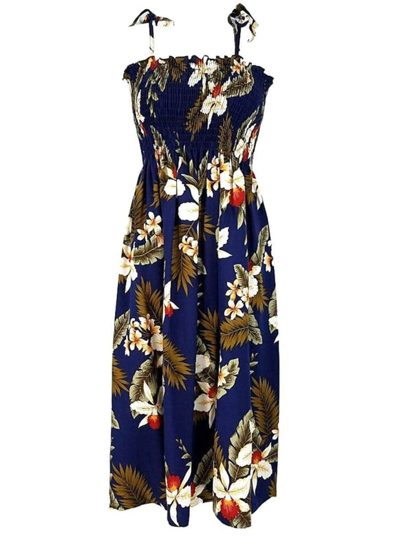 Hawaiian Dress Smock Top Hanapepe Orchids Navy Fits XS to XL (2-16)