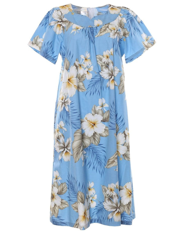 Hawaiian Muumuu Dress Hibiscus Trend Light Blue