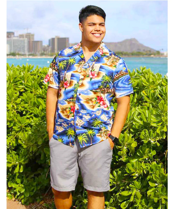 Mode wearing authentic Hawaii Polynesian Aloha Shirt in navy color