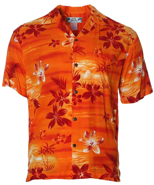 Hawaiian Shirt in Rayon Resort Moonlight Scenic Orange Two Palms
