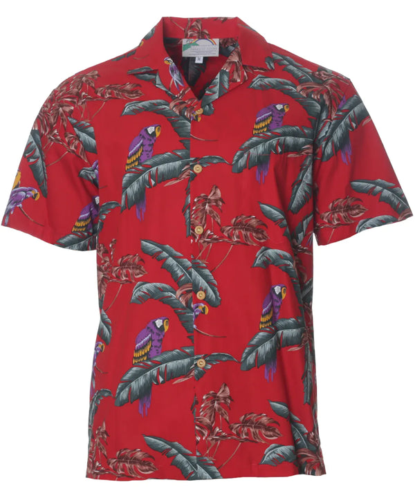 Jungle Bird Parrots Red Cotton Aloha Shirt Magnum PI