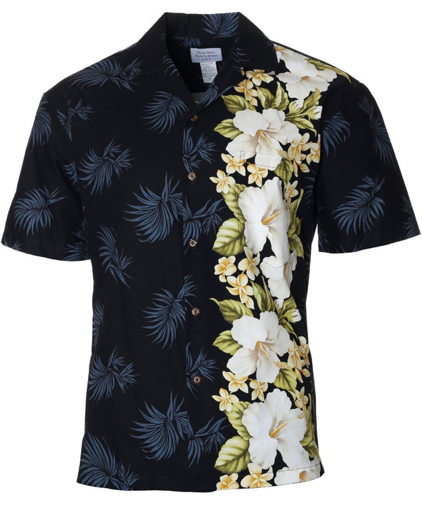 Hawaiian Shirt Side Band Design White Hibiscus Black S
