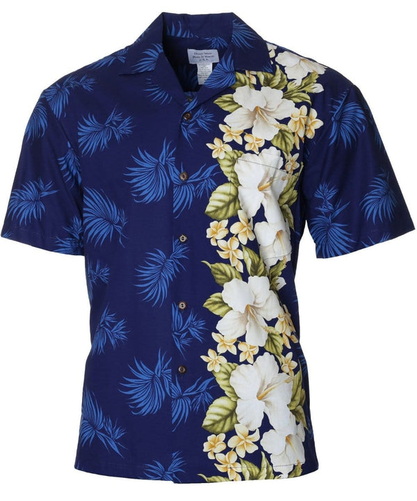 Hawaiian Shirt Side Band Design White Hibiscus Navy
