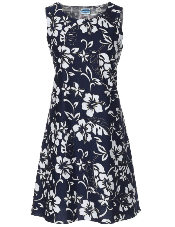 Hawaiian Short Sleeveless Bias Dress Classic Hibiscus Pareo Navy Hilo Hattie
