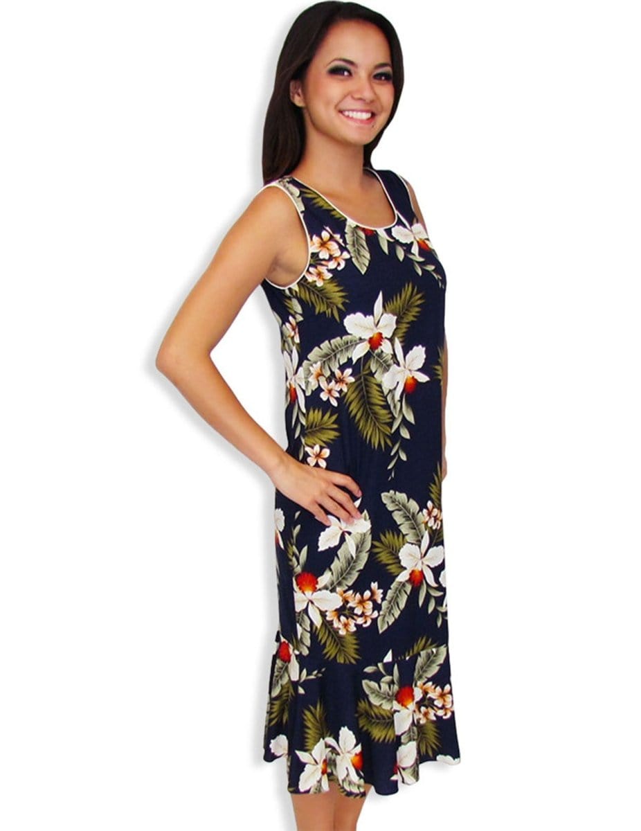 Hawaiian Tank Sleeveless Navy Dress Mid Length Hanapepe Navy / M Hawaiian Tank Sleeveless Navy Dress Mid Length Hanapepe Navy / M