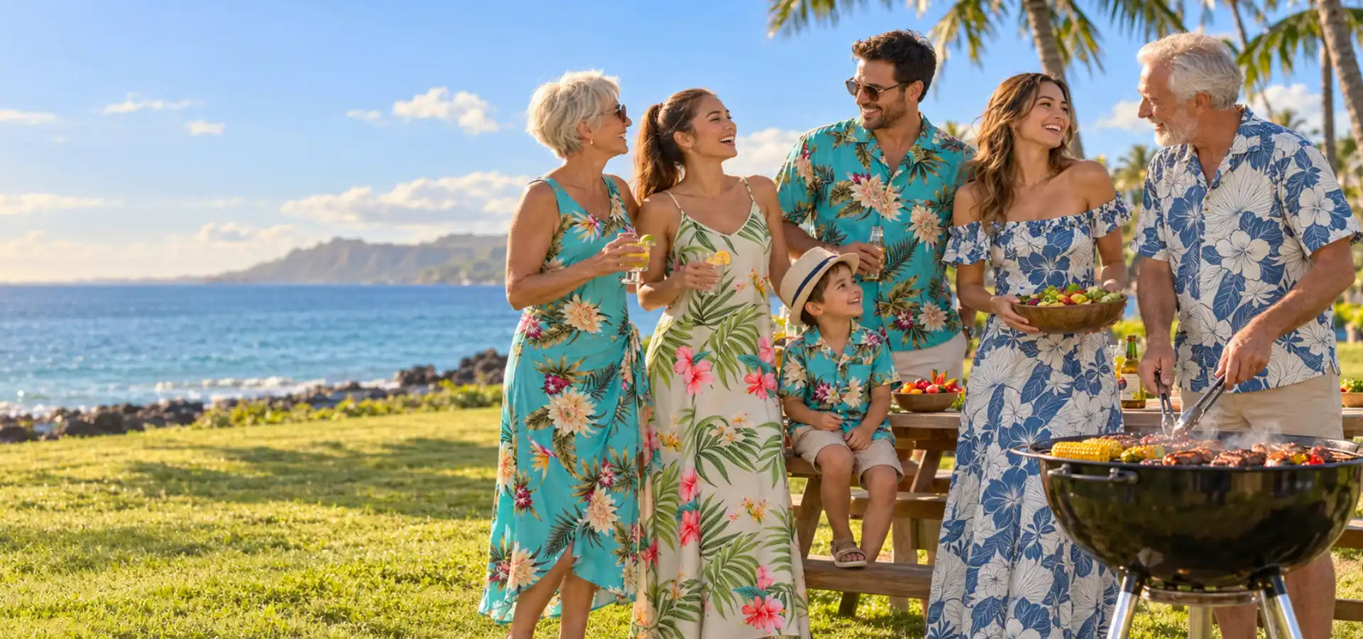 A family of six wearing matching tropical floral Hawaiian and resort-style clothing from Shaka Time Hawaii enjoys a sunny beachside barbecue with the ocean and mountains in the background.