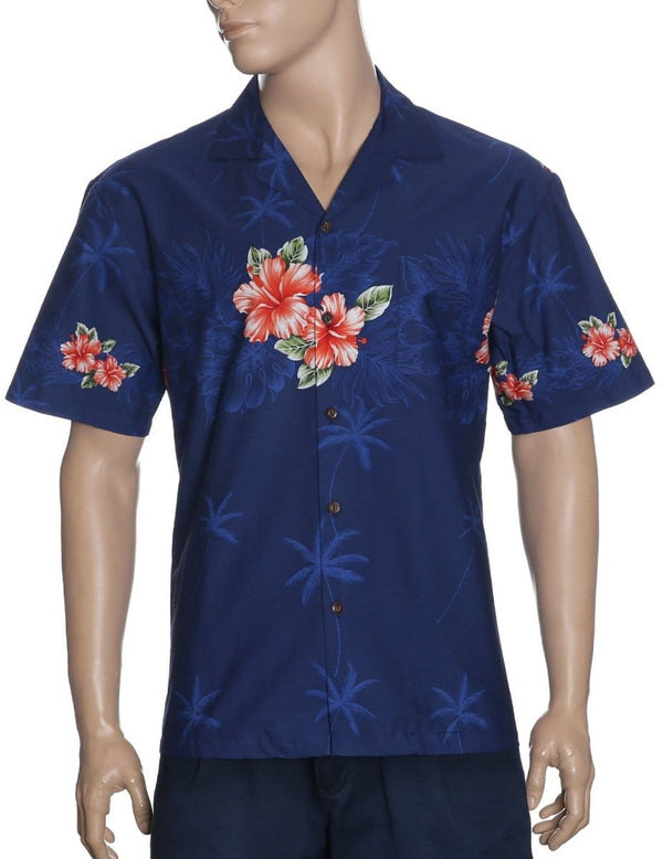 Hibiscus Chest Border Design Hawaiian Shirt Navy