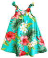 Hibiscus Girls Flared Tank Hawaiian Dress with Shoulder Ties Aqua