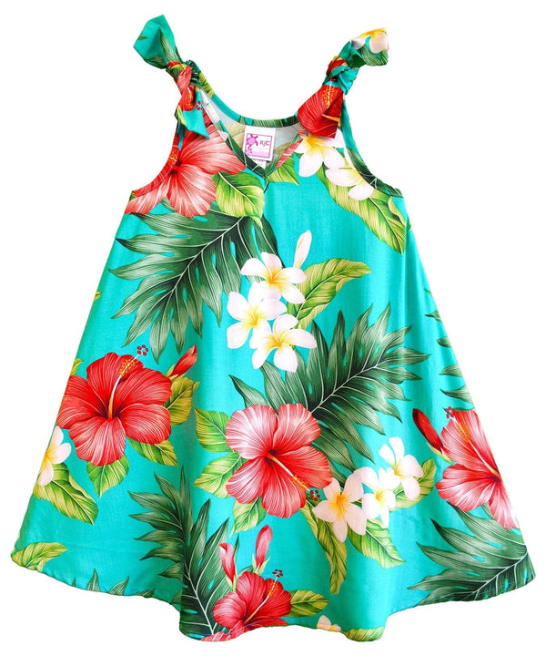Hibiscus Girls Flared Tank Hawaiian Dress with Shoulder Ties Aqua