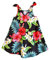 Hibiscus Girls Flared Tank Hawaiian Dress with Shoulder Ties Black