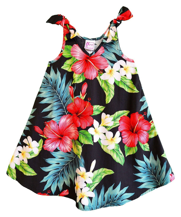 Hibiscus Girls Flared Tank Hawaiian Dress with Shoulder Ties Black