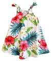 Hibiscus Girls Flared Tank Hawaiian Dress with Shoulder Ties White