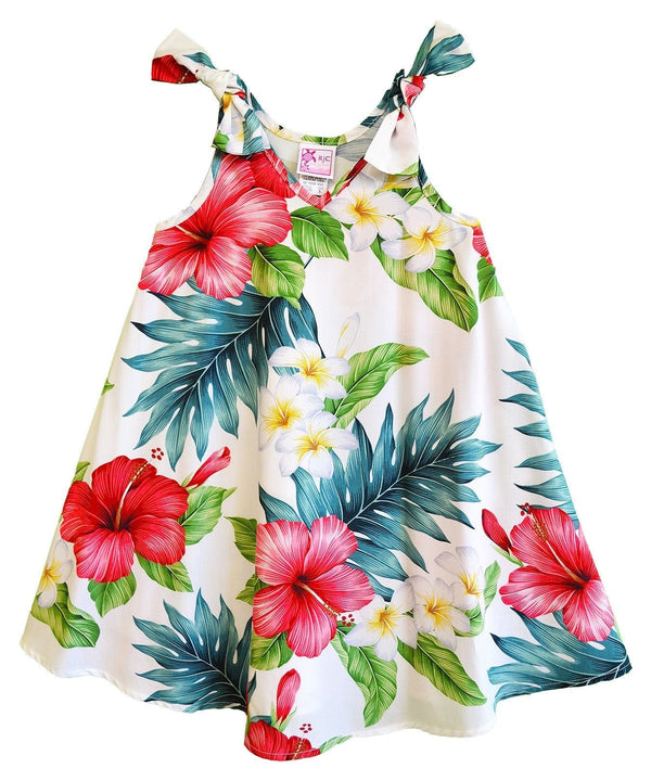 Hibiscus Girls Flared Tank Hawaiian Dress with Shoulder Ties White
