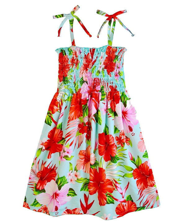 Hibiscus Lulu Girls Flower Hawaiian Dress Aqua