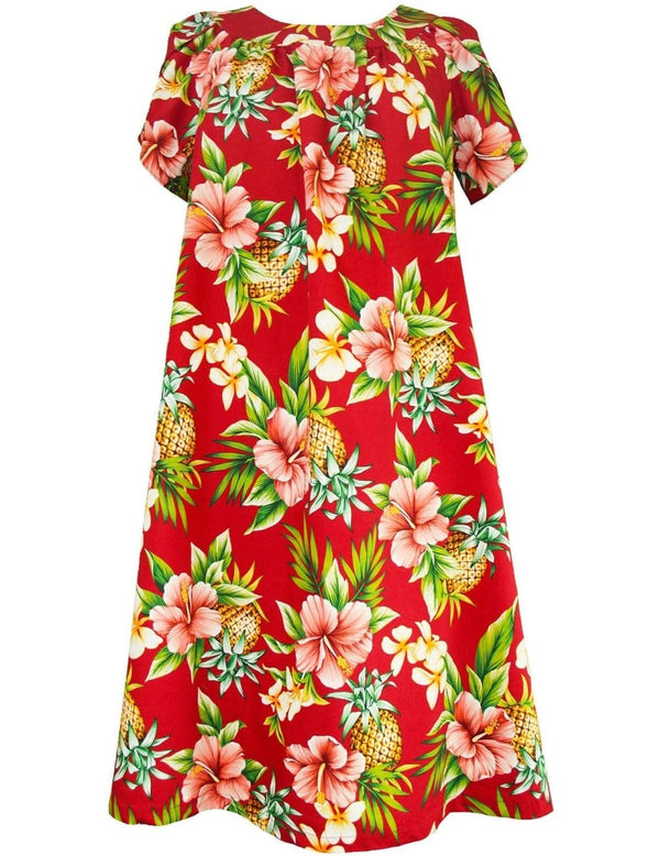 Hibiscus Pineapples Valley Pull Over Short Muumuu Dress Red