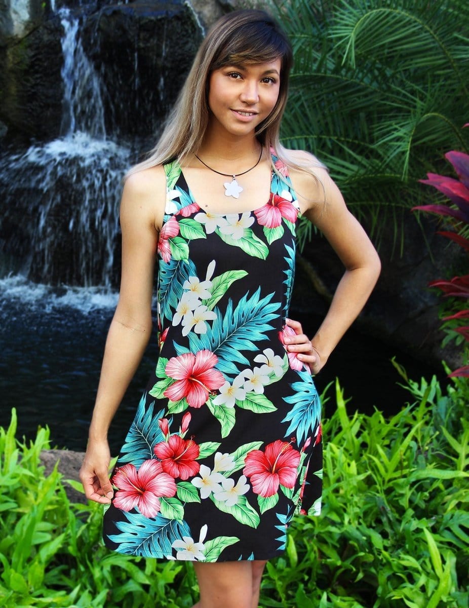 Hibiscus Short Hawaiian A-Line Dress Back Cutout with Tie Aqua / XL Hibiscus Short Hawaiian A-Line Dress Back Cutout with Tie Aqua / XL