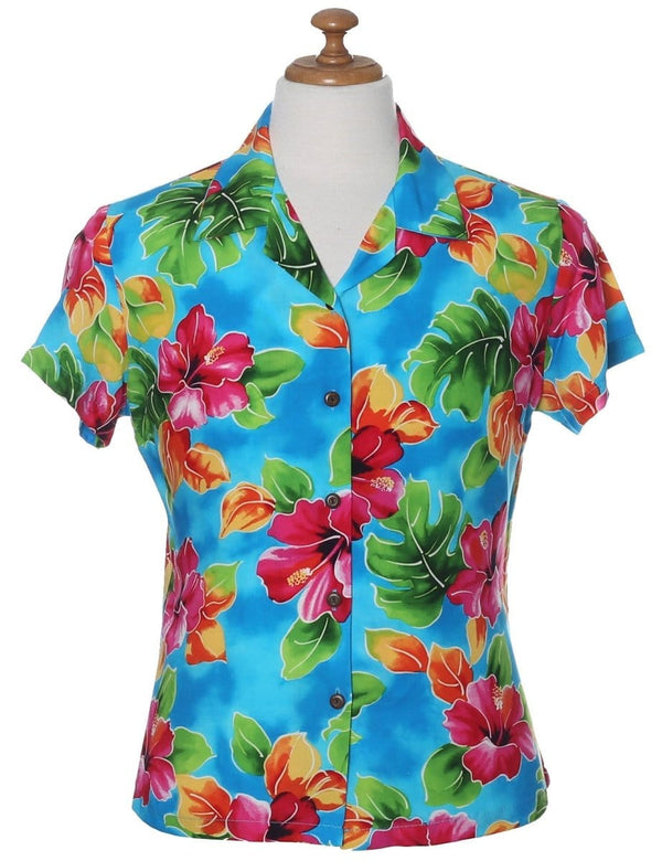 Hibiscus Watercolor Fitted Hawaiian Blouse Blue