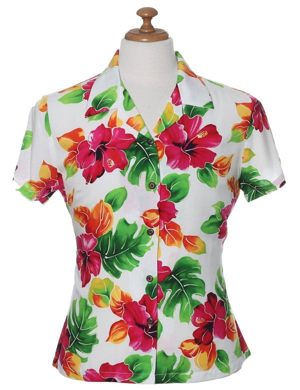 Hibiscus Watercolor Fitted Hawaiian Blouse White