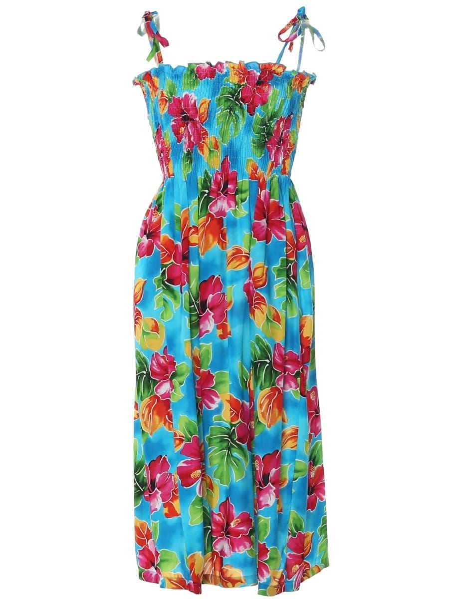 Hibiscus Watercolor Smock Dress with Straps Blue / Fits XS to XL (2-16) Hibiscus Watercolor Smock Dress with Straps Blue / Fits XS to XL (2-16)