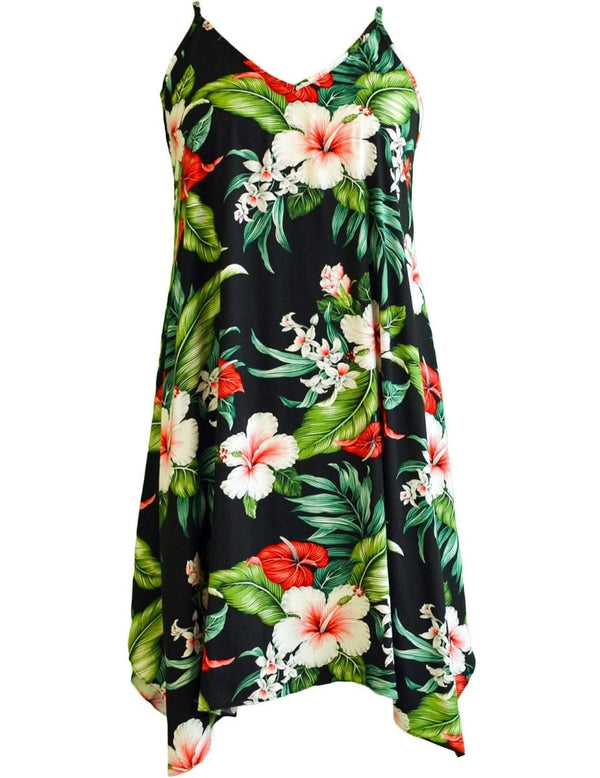 Ilikai Bouquet Scarf Hem Short Hawaiian Dress Black