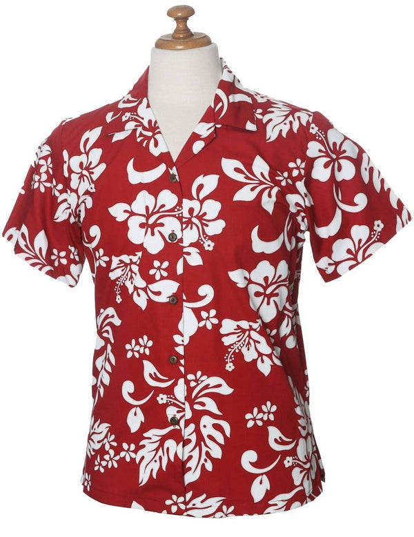 Island Hibiscus Women Camp Hawaiian Shirt Red KY