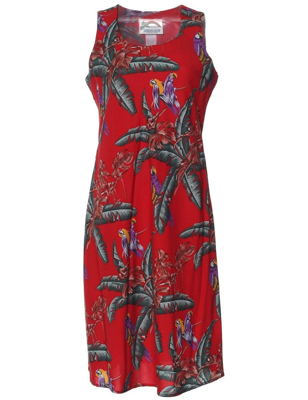 Jungle Bird Parrots Dress Sleeveless Knee Length Red Paradise Found