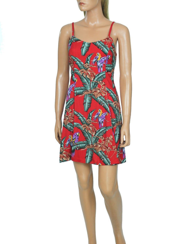 Jungle Bird Parrots Spaghetti Straps Red Hawaiian Dress