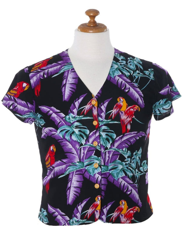 Jungle Bird Parrots V-Neck Blouse Magnum PI Design Black
