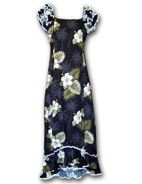 Ka Pua Long Muumuu Hawaiian Dress Black Black Pacific Legends