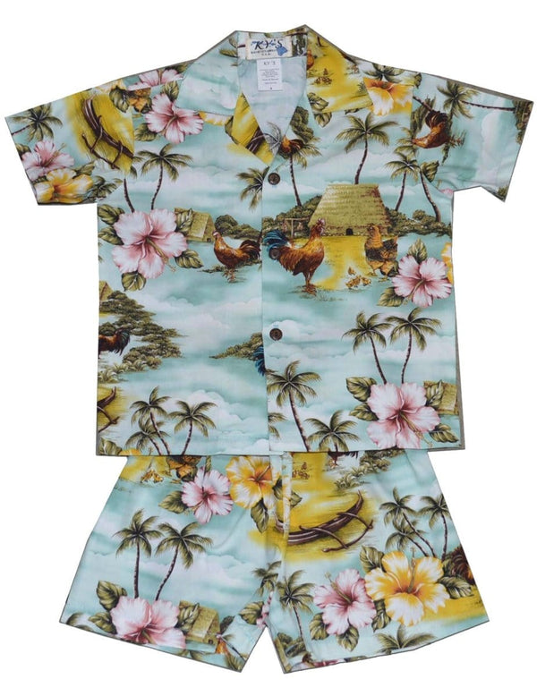 Kauai Roosters Toddler Boys Hawaiian Shirt Set Green KY