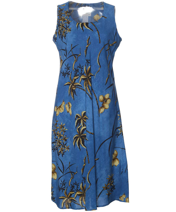 Retro Oasis Palms Midi Hawaiian Dress Cool Water