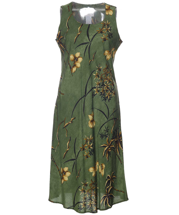 Retro Oasis Palms Midi Hawaiian Dress Moss