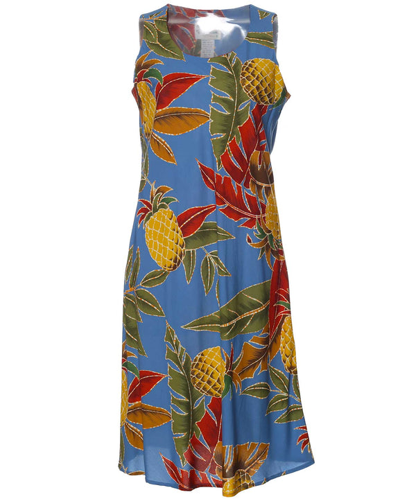 Retro Pineapples Midi Hawaiian Dress Ocean Blue