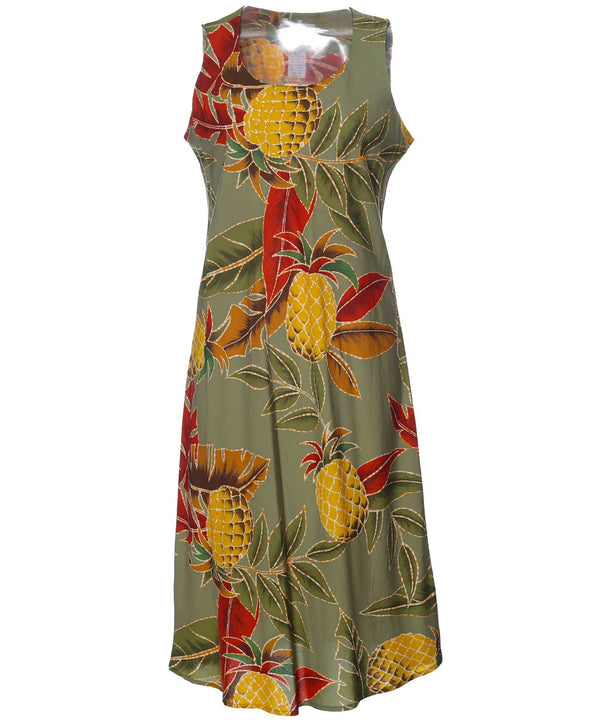 Retro Pineapples Midi Hawaiian Dress Olive