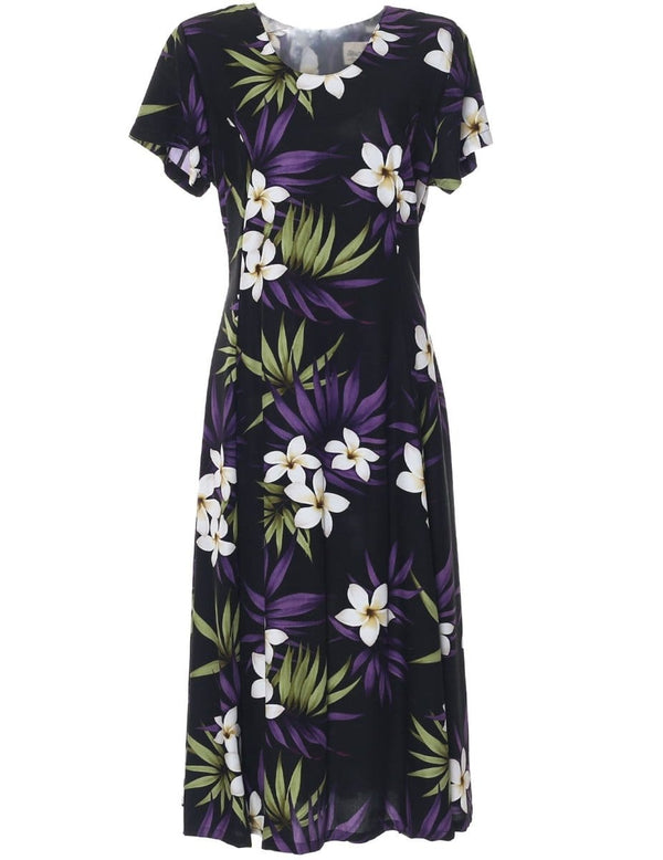 Knee Length Muumuu Dress with Sleeves Plumeria Rain Black