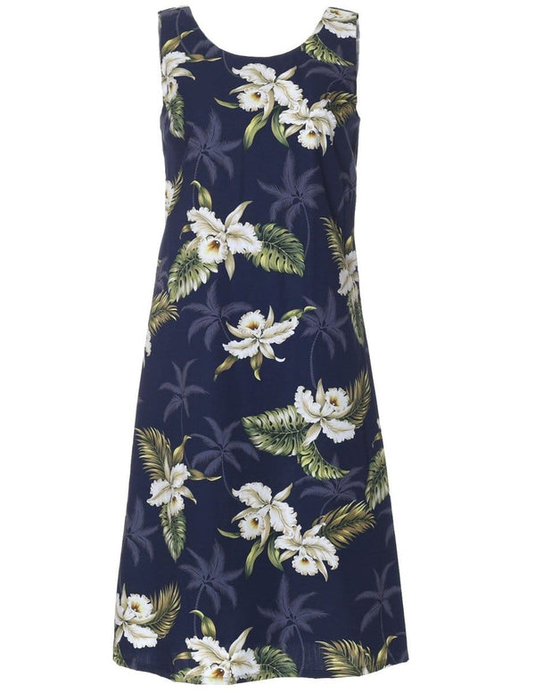 Knee Length Orchids Makani Hawaiian Dress Navy