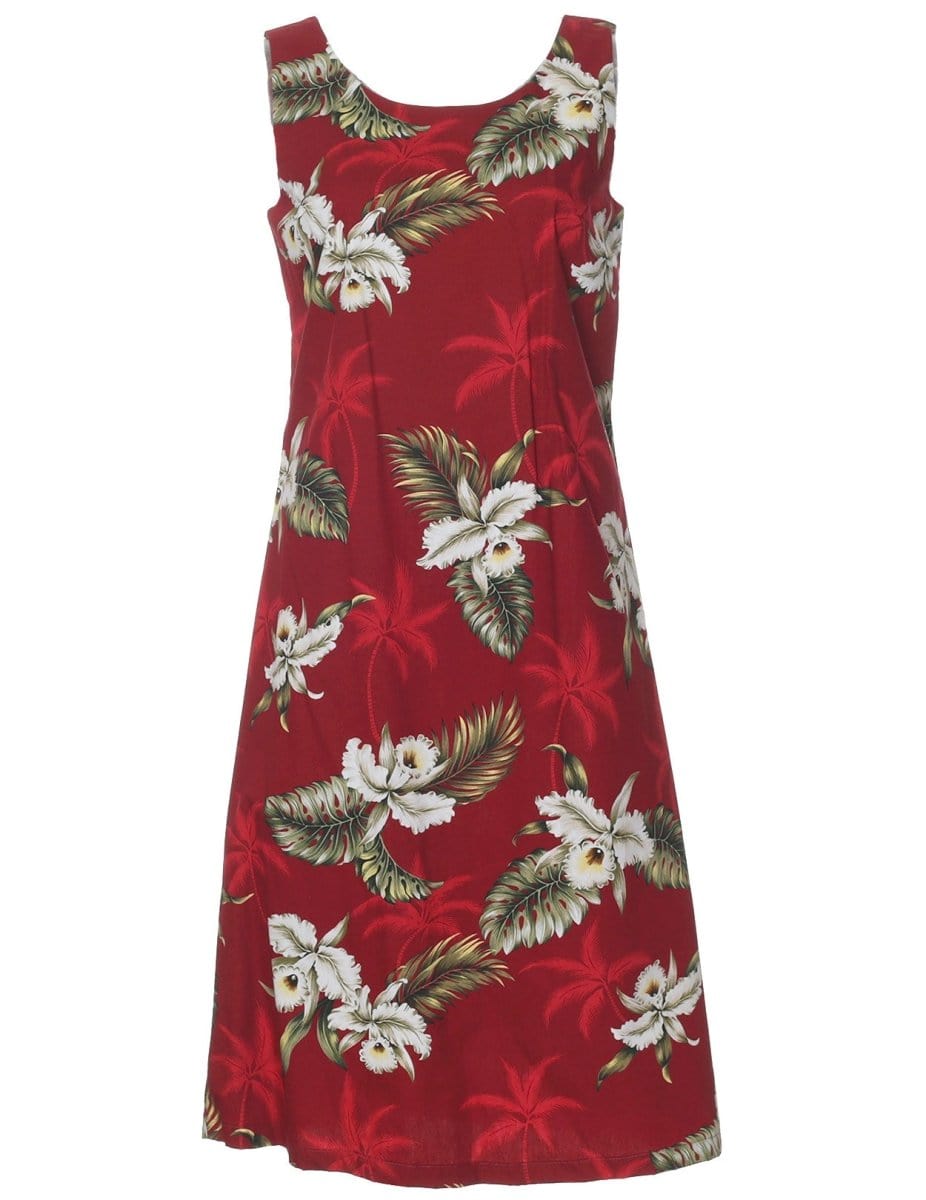 Knee Length Orchids Makani Hawaiian Dress Red / M Knee Length Orchids Makani Hawaiian Dress Red / M