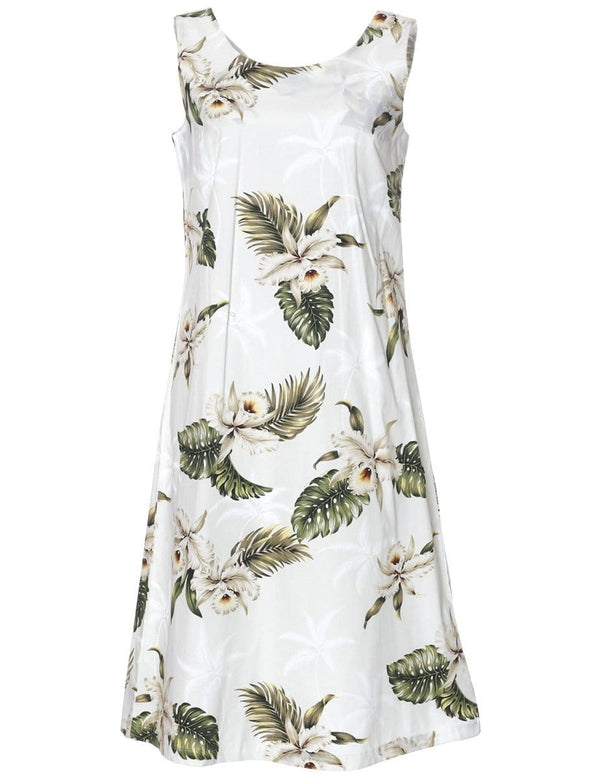 Knee Length Orchids Makani Hawaiian Dress White