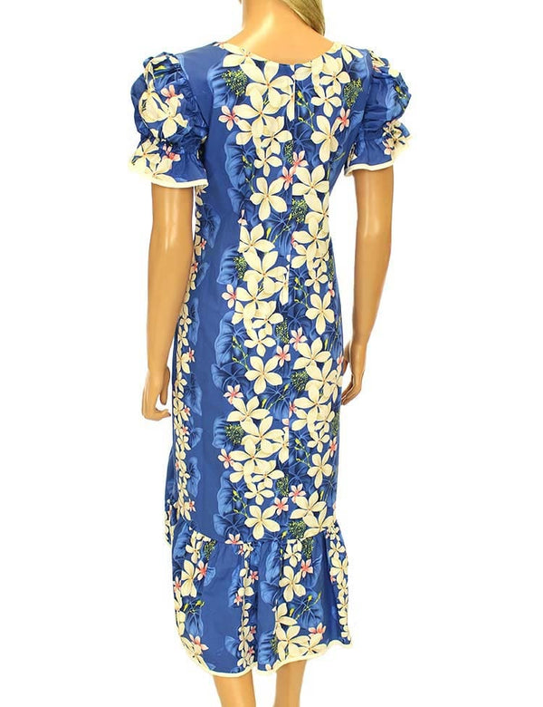 Knee Length Muumuu Ruffle Dress Plumeria with Sleeves