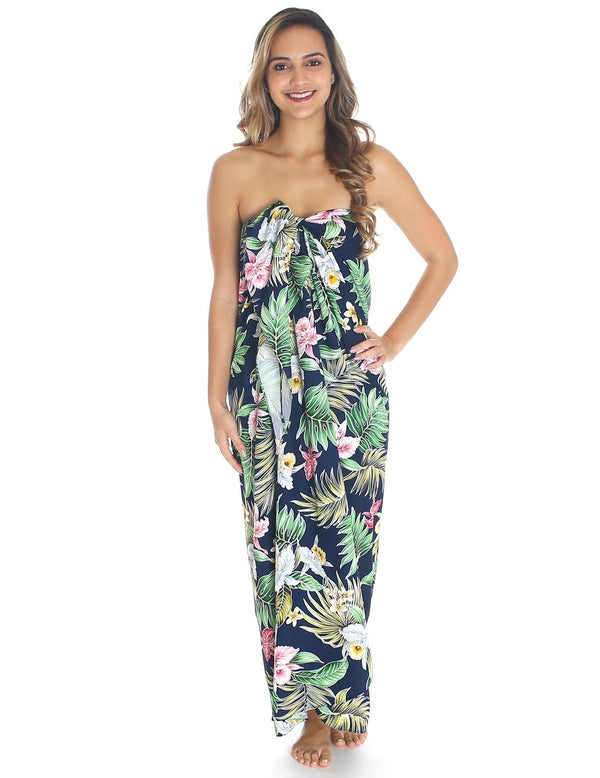 Large Full Size Sarong Cover-up Orchids Dream Navy