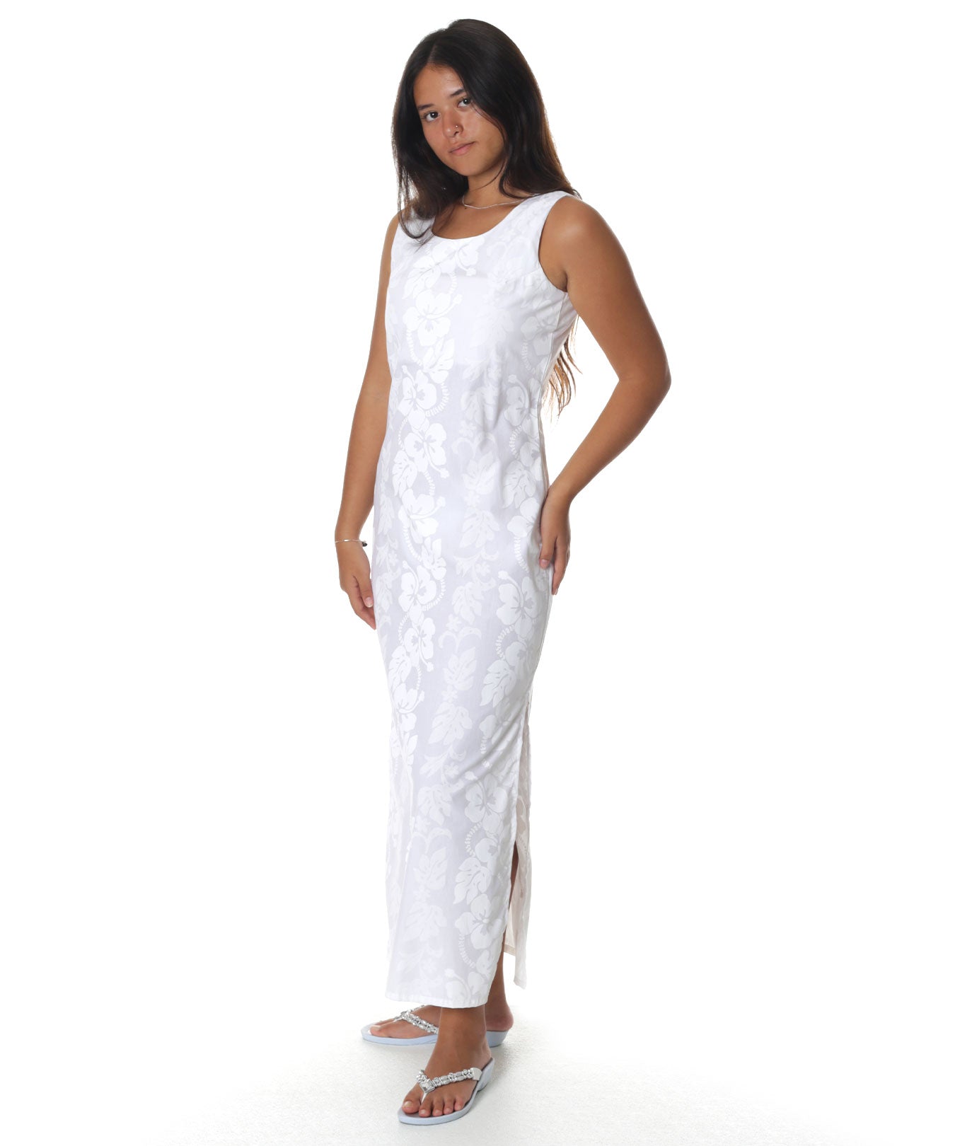 Maxi A-Line Sleeveless Hawaiian Dress Hibiscus Leis White / S Maxi A-Line Sleeveless Hawaiian Dress Hibiscus Leis White / S