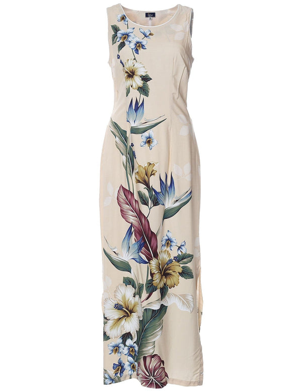 Long Maxi Hawaiian Dress Birds of Paradise Hibiscus Beige
